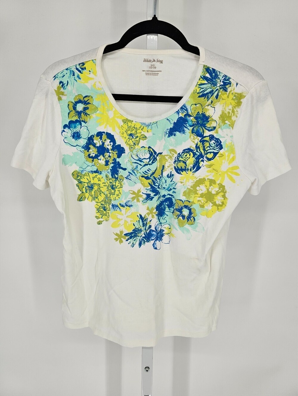 White Stag Womens Sz L Short Sleeve T Shirt Cotton White Bright Floral Print